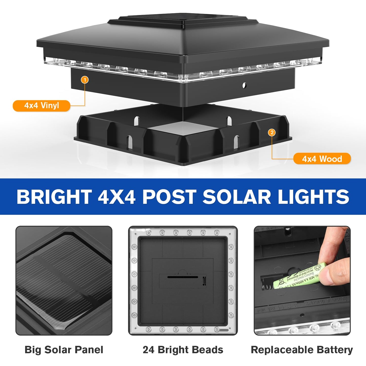 APONUO Solar Post Cap Lights,Fence Post Solar Lights,Warm White Solar Post Lights Outdoor Waterproof Garden Patio Yard Lights for Fence Deck 4x4,Auto On/Off,Easy to Instal,Black 6 Pack