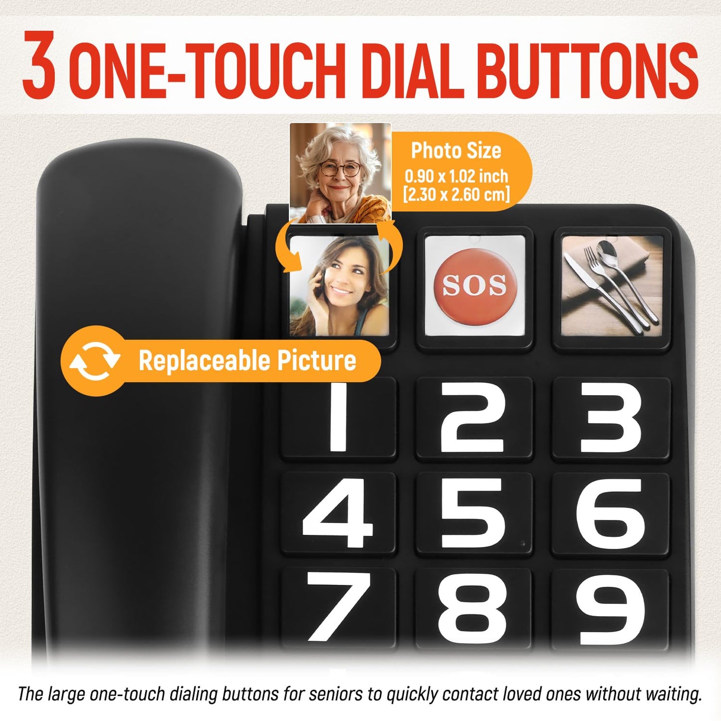 Uvital Big Button Phone for Seniors, Corded Landline Phone with 2 One-Touch Dialing Big Buttons and 1 SOS Emergency Button, Hands-Free Calling, Black Senior Telephone for Visually Impaired