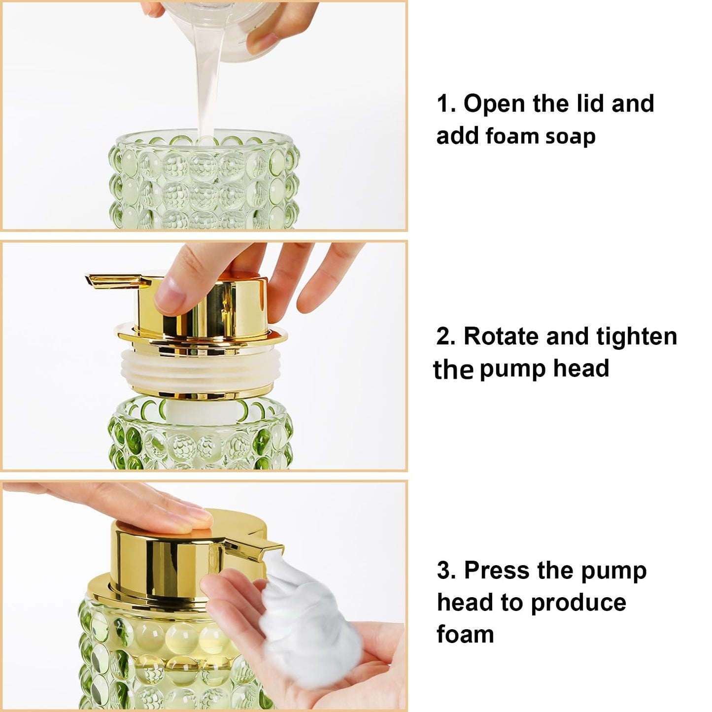 Fvstar 2pcs Glass Foaming Soap Dispenser, Green Foam Hand Soap Dispenser, 12 Oz Large Bottle with Gold Pump, Refillable Lotion Pump Container for Bathroom, Kitchen,Hand Soap, Dish Soap,Shampoo