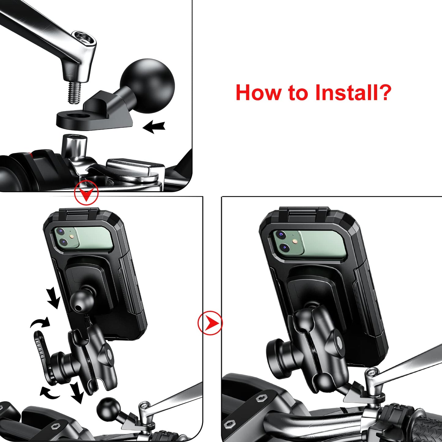 iMESTOU Waterproof Motorcycle Phone Mount Bike 1" Ball Cellphone Holder for Rear-View Mirror Installtion with Anti-Theft Double Socket Arm 720° Rotation for 5.5"-6.8" Smartphones (Size L)