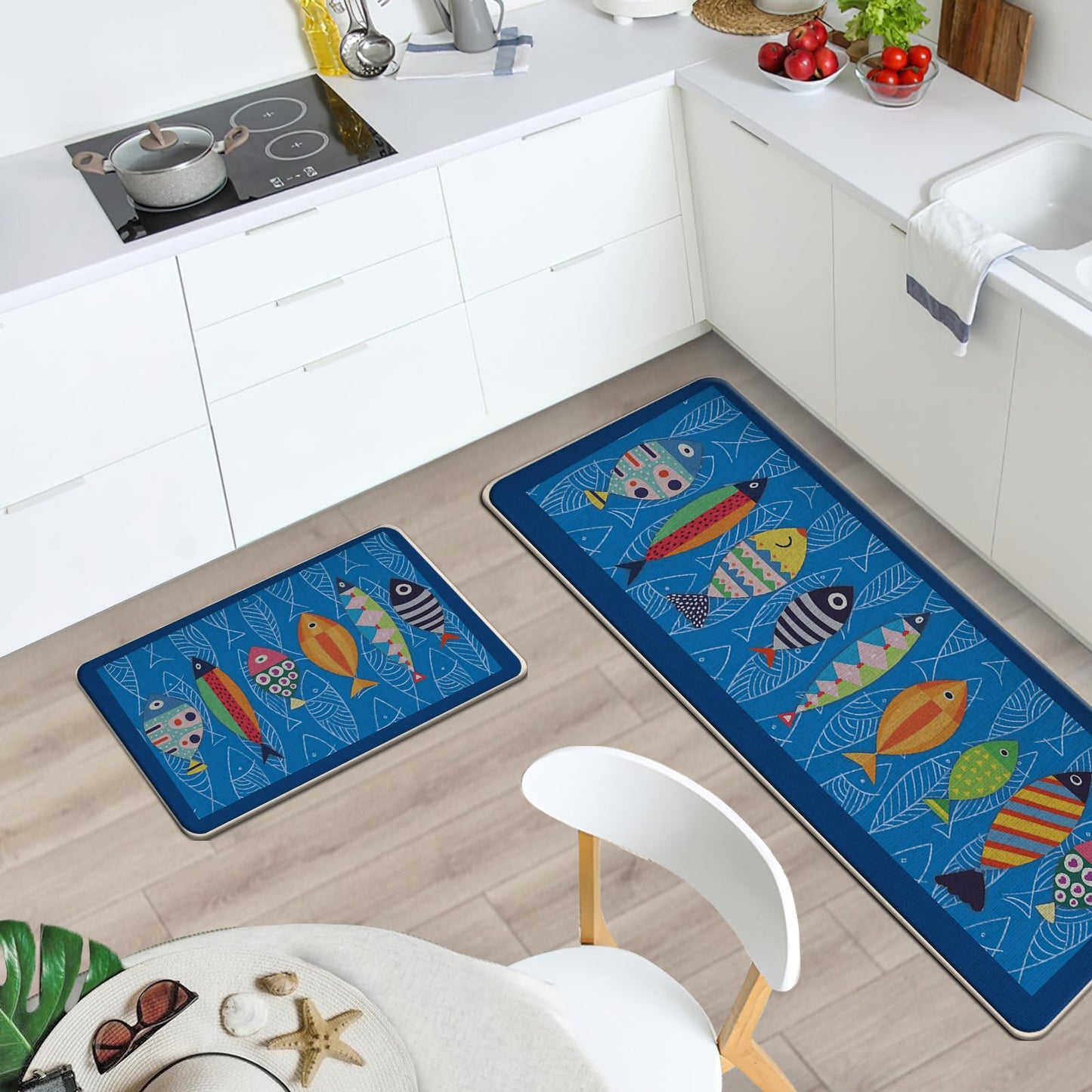 Livcoz Coastal Fish Blue Kitchen Rugs Set of 2, Nautical Beach Ocean Fishes Floor Mats Decor, Farmhouse Sea Door Mat Home Decorations - 17x29 and 17x47 Inches