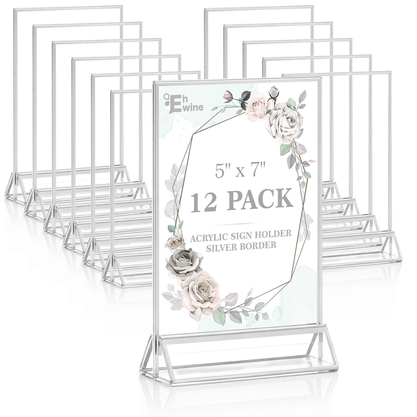 EHWINE 12 Pack Acrylic Sign Holder 5 x 7, Double Sided Silver Picture Frame Stand up Table Top Sign Holders, Clear Display Stand Menu Flyer Holder for Wedding Party (Provide Non-slip Mats)