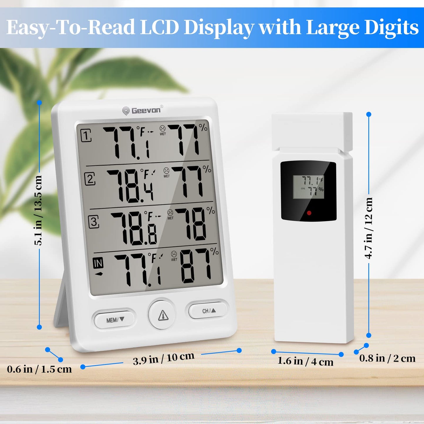 Geevon Indoor Outdoor Thermometer Wireless with 3 Remote Sensors, Digital Hygrometer Thermometer Temperature Humidity Monitor with Comfort Indicator, Temp Alarm, 60M/200FT Range for Home(White)