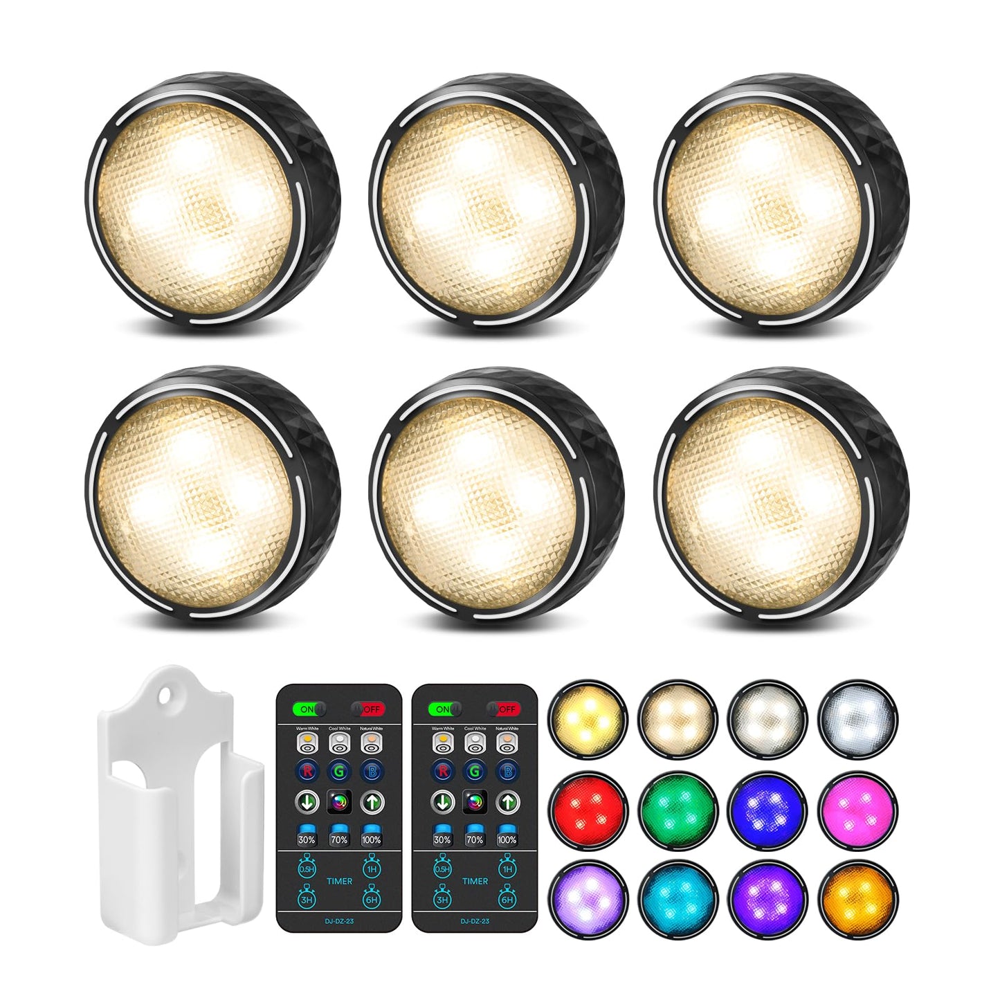 LED Puck Lights Battery Operated Under Cabinet Lighting, Closet Lights with Remote, Color Changing Under Counter Lighting, Stick On Lights for Kitchen, Bookcase, Cupboard, 6 Pack - Black