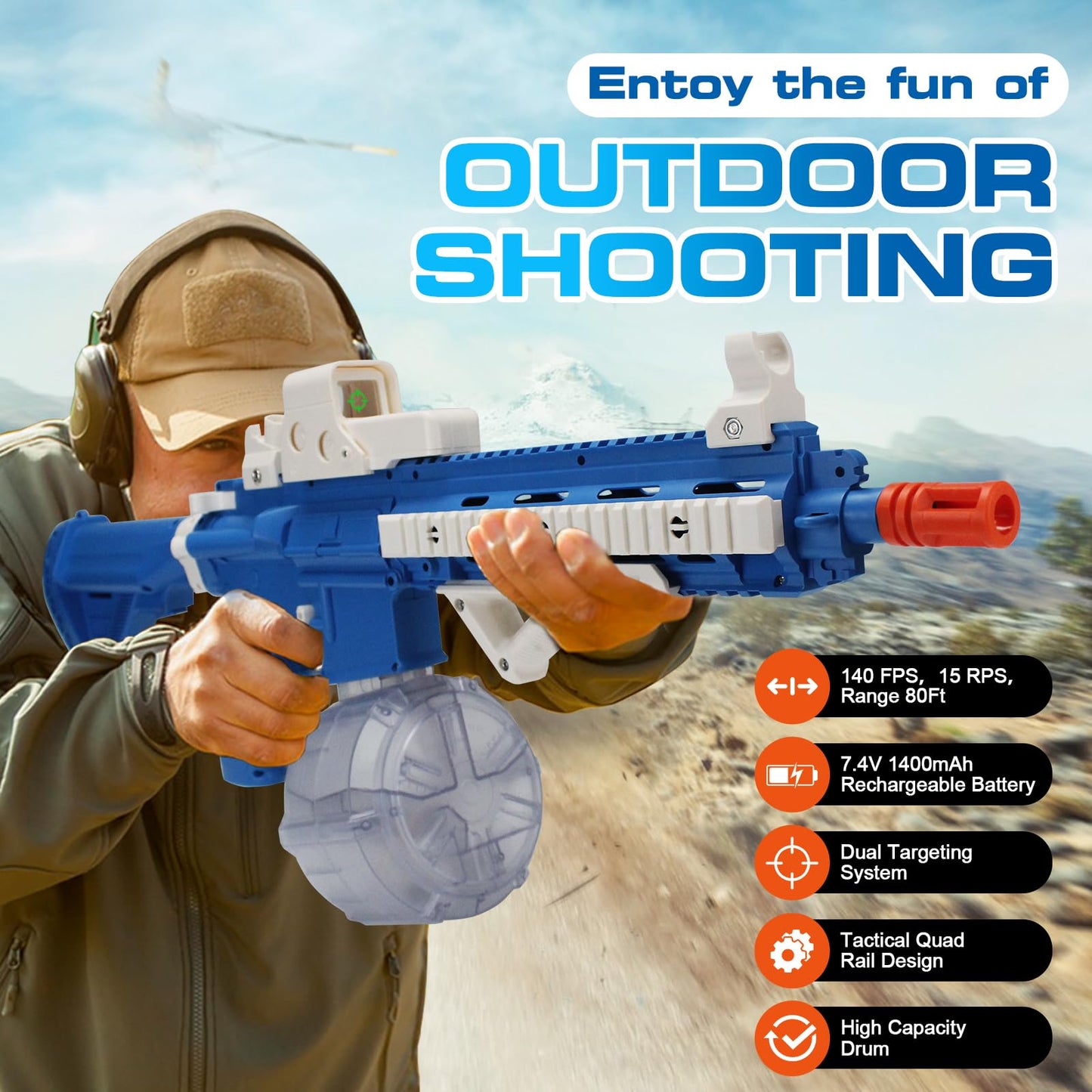 BIU BLASTER 30-Inch Gel Ball Blaster Gun 140+ FPS, 80+ Ft Range Full-Size Electric Automatic Splatter Orby Gun 7.4V 1400mAh Battery 30,000 Rounds for Outdoor Games, Ages 14+ Blue