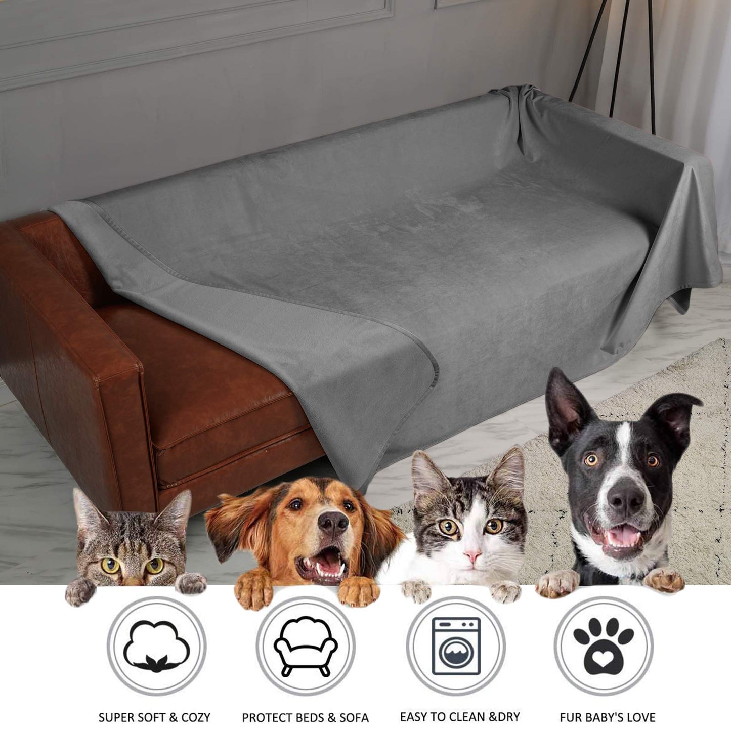 Ameritex Pet Bed Blanket Reversible 100% Waterproof Velvet Super Soft for Sofa and Bed (52x82 Inches, Light Grey+Grey)