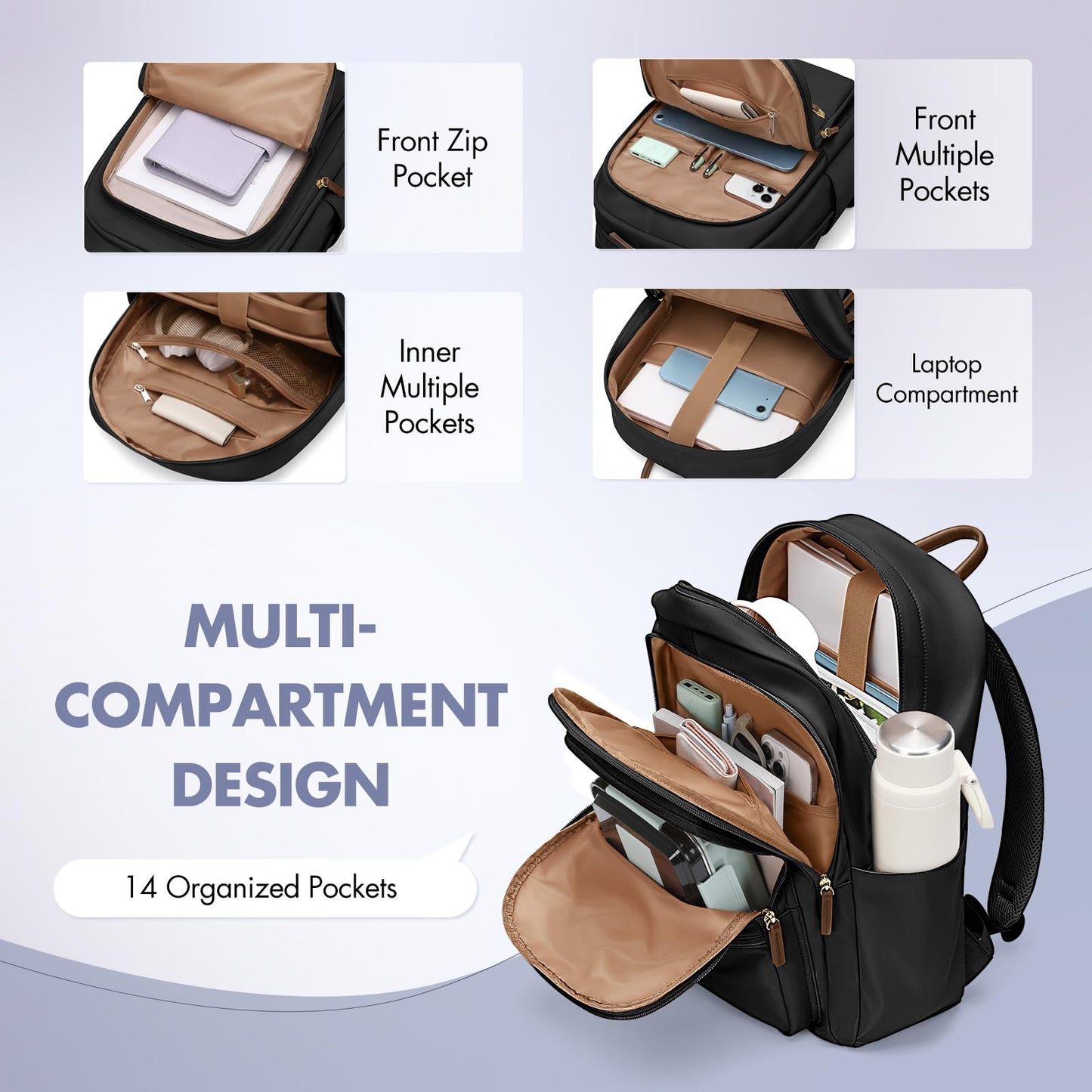 Backpack for Women Work College Travel Laptop Backpacks Multi-Functional Casual Daypack Teacher Nurse Everyday Bags Fits 15.6 Inch Notebook (Black)