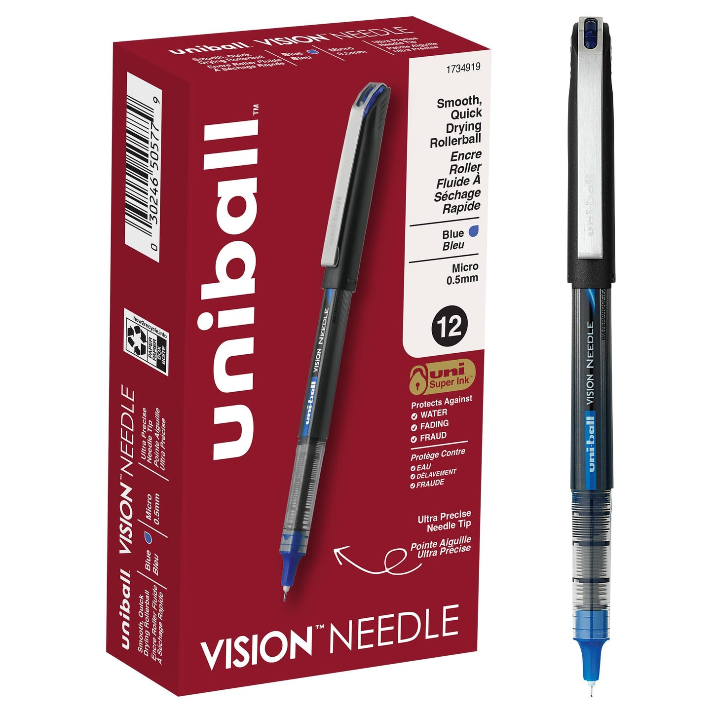 uni-ball VISION NEEDLE Rollerball, Stick Roller Ball Pen Micro-0.5mm, 12 Pack, Blue Ink (1734919)