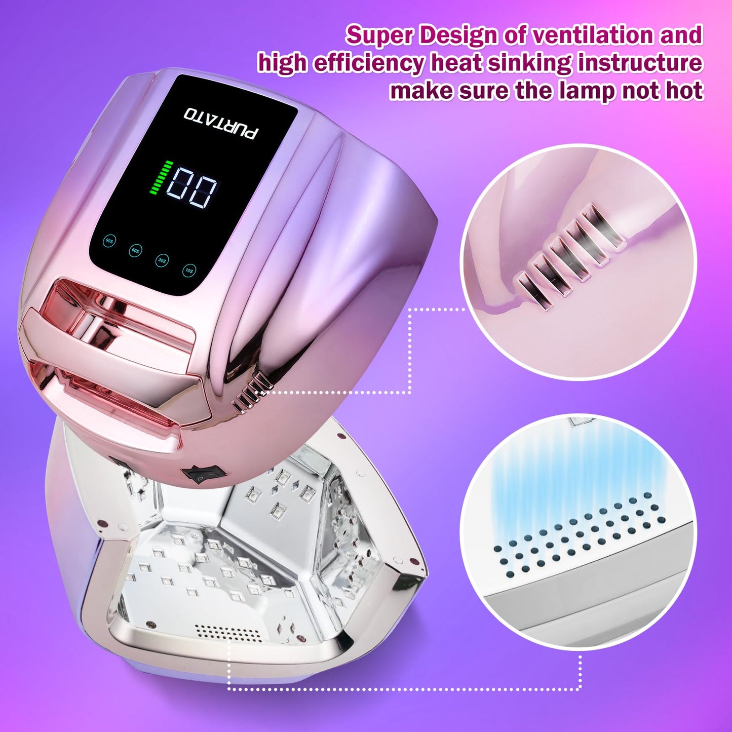 Purtato Professional Rechargeable 96W UV LED Portable Cordless UV Light for Nail Lamp Machine with Removable Stainless Steel Bottom,4 Timer Setting and Smart Sensor Nail Dryer (Gradient Purple)