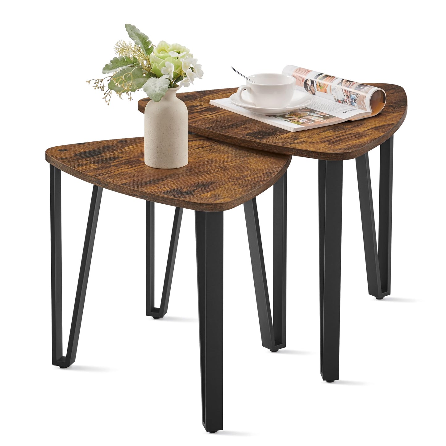 VASAGLE Nesting Triangle End Tables, Coffee Tables for Living Room Bedroom, Industrial Accent Stacking Side Tables with Metal Frame, Rustic Brown and Black ULET013B01