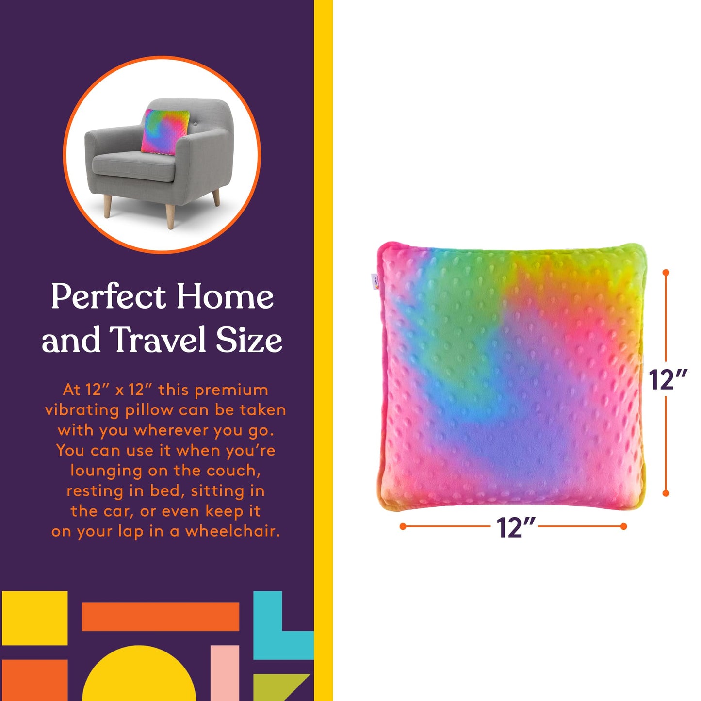 Special Supplies Vibrating Pillow Sensory Pressure Activated for Kids and Adults, 12” x 12” Plush Minky Soft Cover, Colorful - Hug to Vibrate