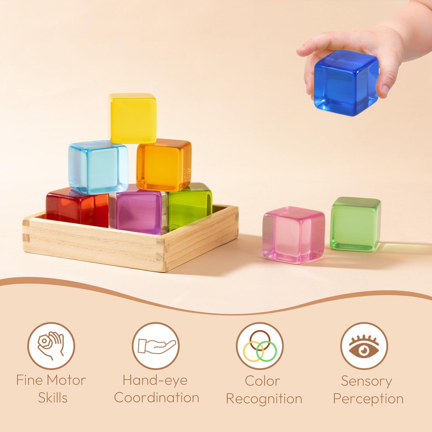 Woodtoe Large Building Blocks for Toddlers, 18 Month Old Toys, Montessori Toys for 1.5 2 3 4 Year Old Boys Girls, Big Rainbow Acrylic Blocks Set, Educational Toy STEM Sensory Gifts for Kids Age 2-4