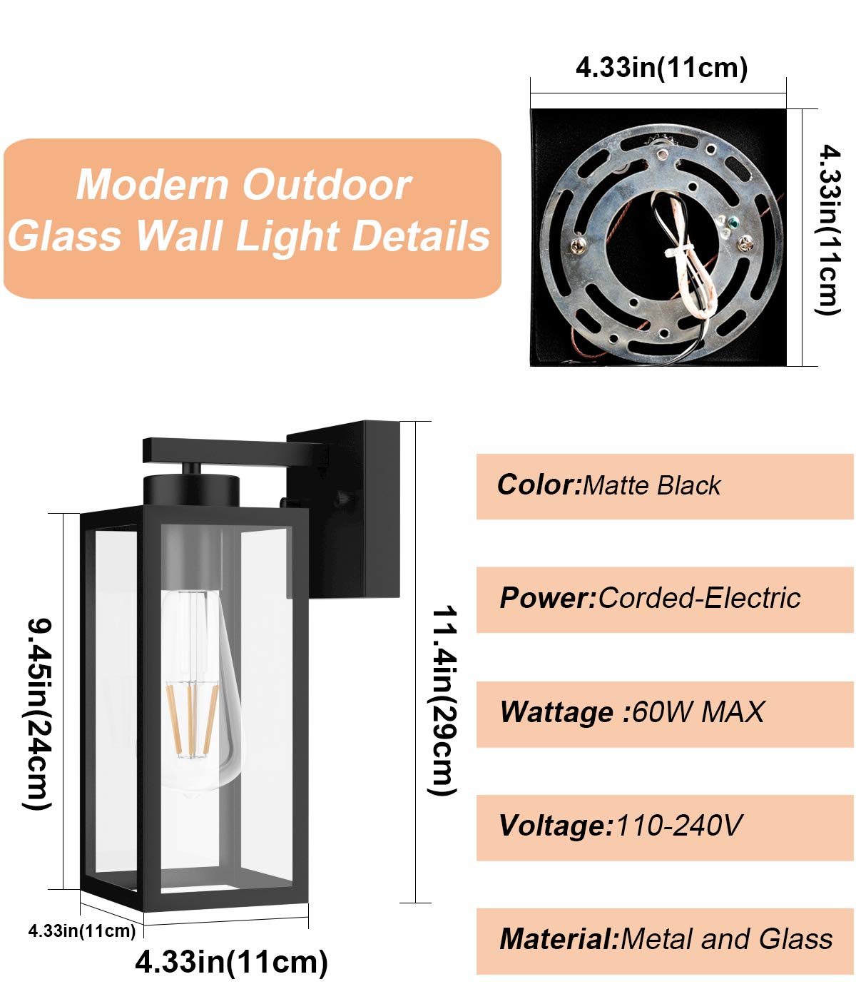 Tipace Outdoor Wall Lantern 2 Pack Black Exterior Wall Sconce with Clear Glass Shade Wall Mount Lights for Entryway,Porch,Doorway