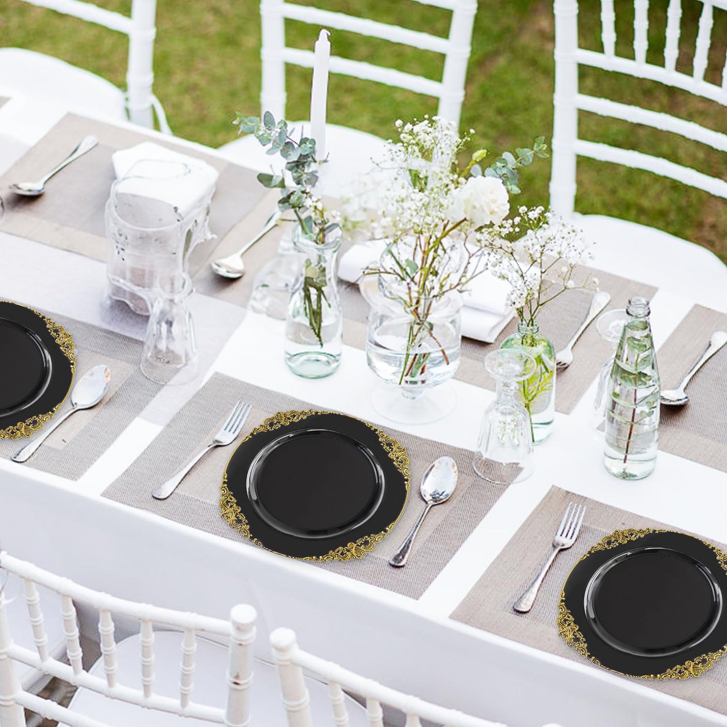 102pcs Black and Gold Plastic Plates, Disposable Party Plate Bulk, Include 51pcs 7.5inch Small Dessert Plates, 10.25inch Large Dinner Plates for Wedding Birthday Christmas Halloween Buffet Parties