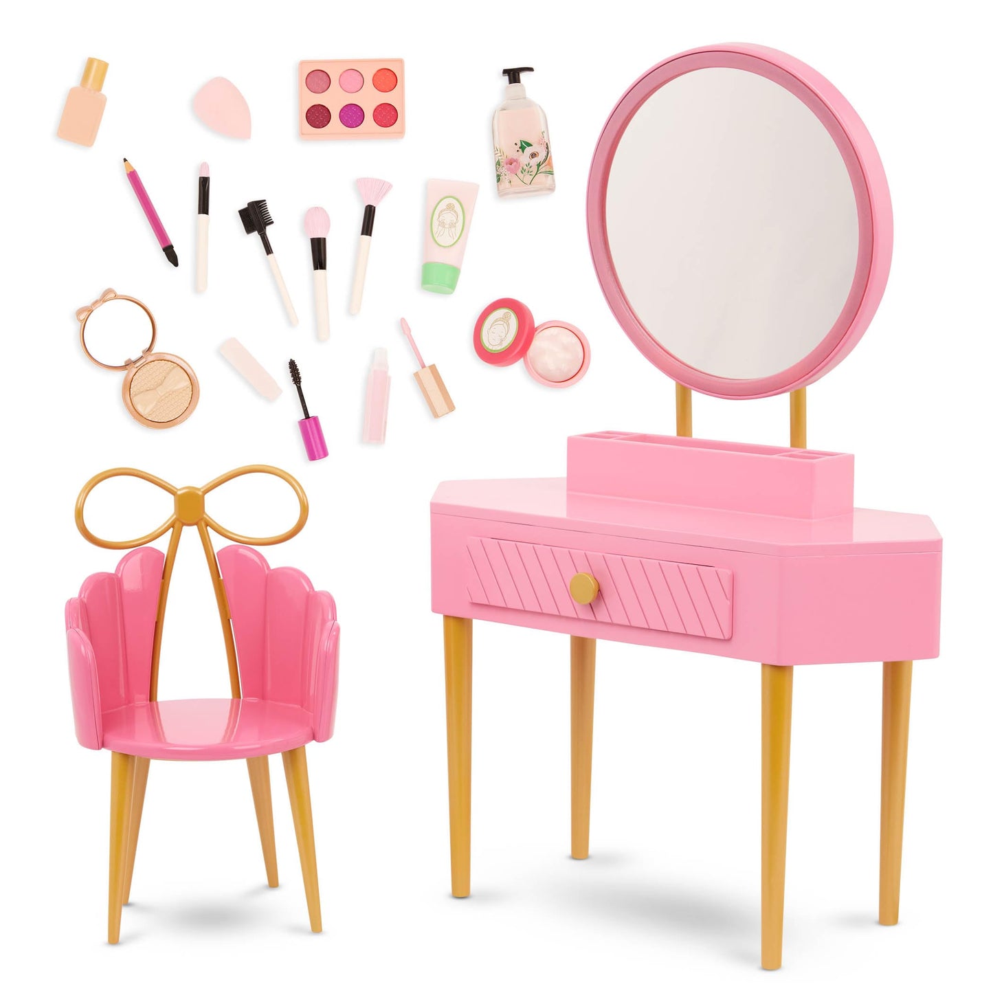 Our Generation – 18-Inch Doll Accessories – Pink Vanity Table & Chair Set – Pretend Make – up & Mirror – Pretend Play 3+ Years – Fabulous Fun Vanity Set