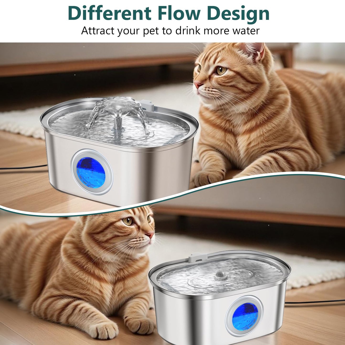 Cat Water Fountain Stainless Steel,108oz/3.2L Pet Drinking Fountain with 4 Replacement Filters & 4 Pre-Filter Sponges, Indoor Cat Flower Water Dispenser with Ultra-Quiet Pump & Level Window
