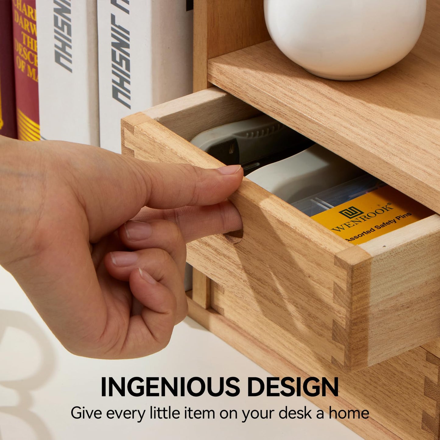 KIRIGEN Wood Adjustable Desk Orangizer Storage Expanable Desktop Bookshelf Fully Assembled Bookcase Adjustable Book Rack with Drawer for Office SSSJ-L-NA