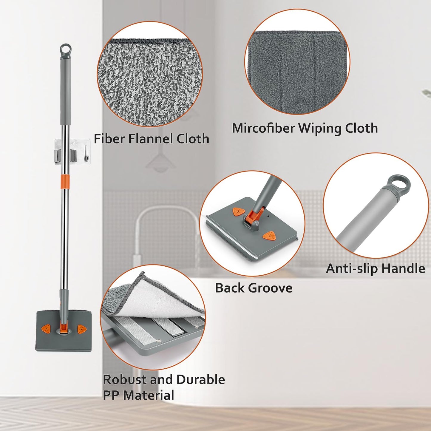 Feeloco Baseboard Cleaner Tool with Handle,360°Rotating Wall Cleaner Mop,180° Folding Ceiling Tool Duster with Squeegee for Cleaning Baseboard,Wall,Ceiling,Window,Floor,8 Replacement Cleaning Pads