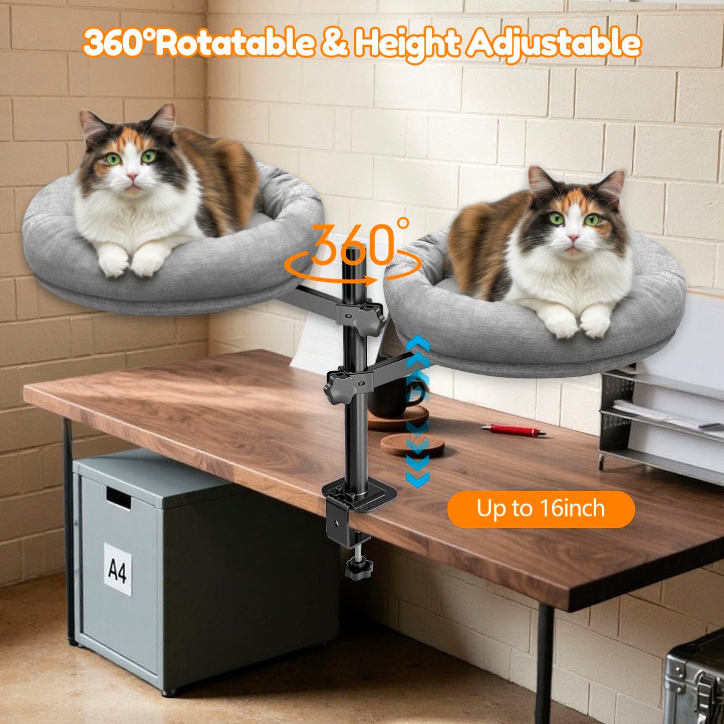 Homegroove Cat Desk Bed, Cat Bed for Desk with 360° Rotation & Height Adjustable, Cat Desk Perch with Soft Cushion, Sturdy Steel Frame, Supports Up to 40 lbs, Easy Installation (Grey)