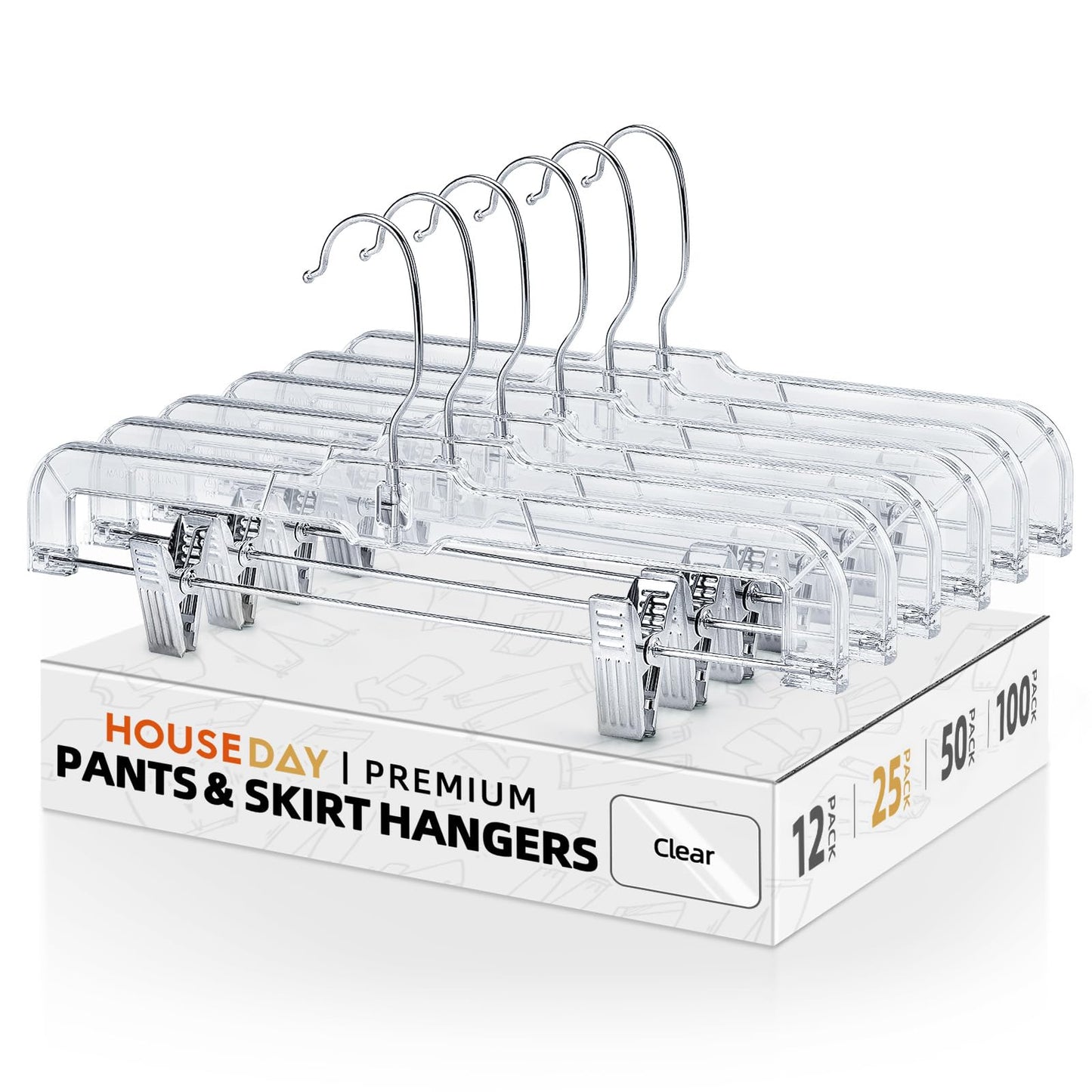 House Day Clear Skirt Hangers with Clips, Non-Slip Pants Hangers for Closet, Clip Hanger for Pant, Skirts, Shorts, 14'' Clear Plastic Hanger, Pack of 25