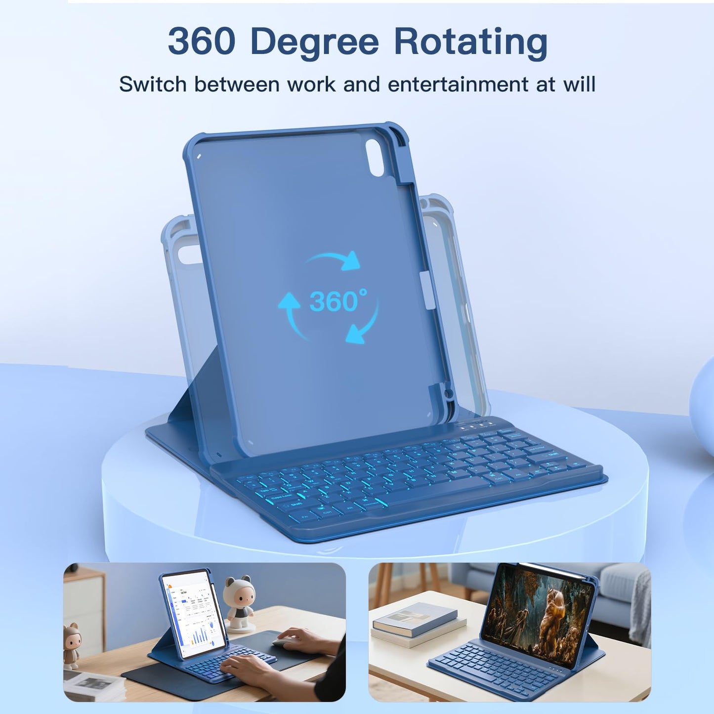 RAYMCRAFT for iPad 11th(A16, 2025)/10th Generation Case with Keyboard, 360° Rotatable Case & Detachable Backlit Keyboard, Precision Cutouts and Pen Holder for iPad A16 11''/10th 10.9'', Navy Blue