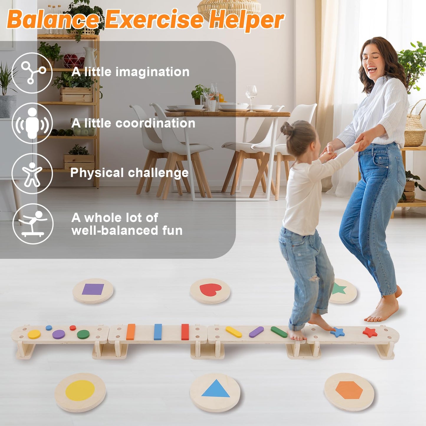 3 in 1 Wooden Balancing Beam for Children and Toddlers with Stepping Stones, Multifunctional Montessori Balancing Board with Obstacle Course, Balance and Sensory Training
