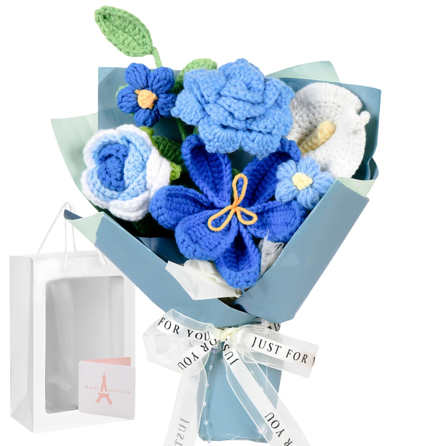 MengxFly Crochet Flower Bouquet Blue, Graduation Flowers Bouquet, Handmade Knitted Floral Gift for Her, with Gift Box, Bag and Card