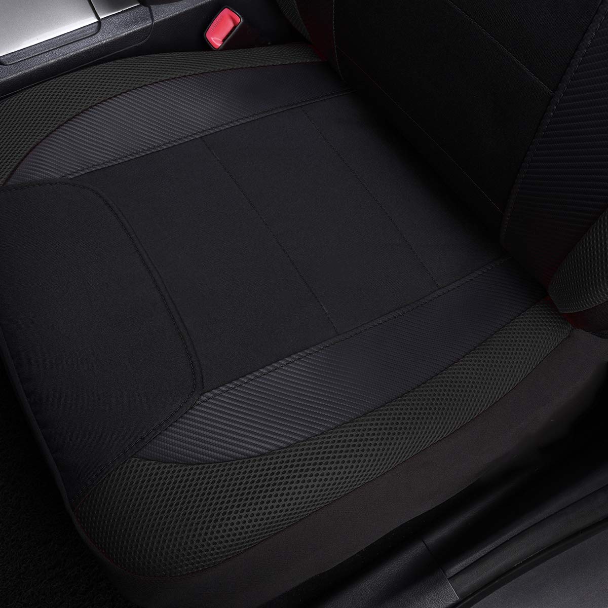 Flying Banner car seat Covers Quality Carbon Fiber Faux Leather Mesh Fabric Sport Low High Back Bucket Back Pocket Arm Rest Car SUV Truck Pick UP (2 Fronts - Low Bucket, Black)