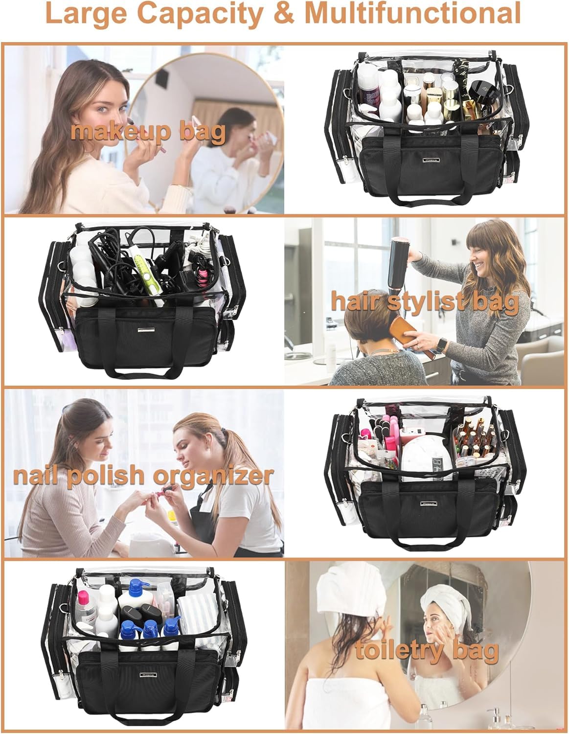 Relavel Clear Makeup Bag, Extra Large Travel Toiletry Bag for Women & Men, Waterproof Cosmetic Storage Organizer Hair Stylist Travelling Bag with Adjustable Dividers & Shoulder Strap