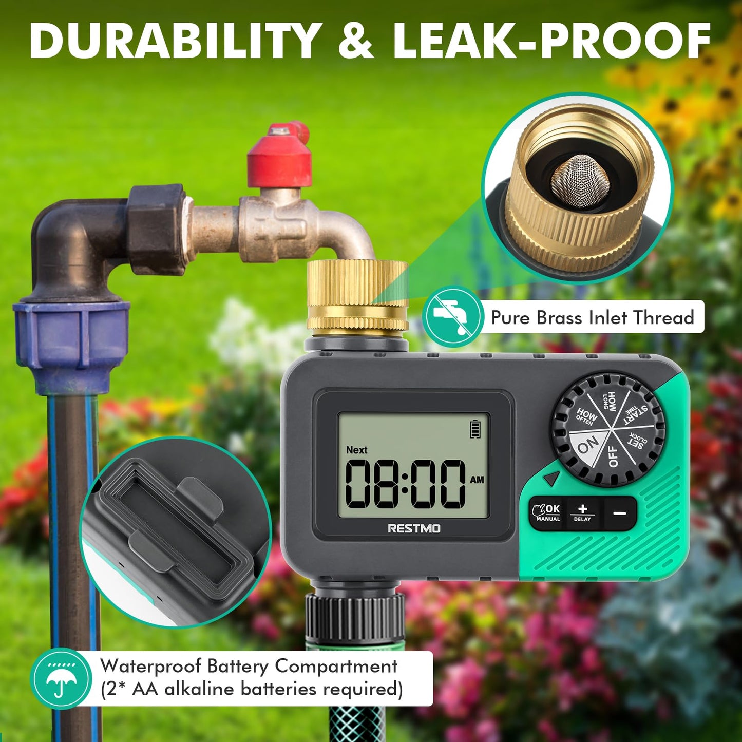 RESTMO Water Timer for Garden Hose, Programmable Sprinkler Timer with Brass Inlet, Rain Delay/Manual ON/Off/Automatic Irrigation Control, Hose Timer for Outdoor Faucet, Yard and Lawn Watering System