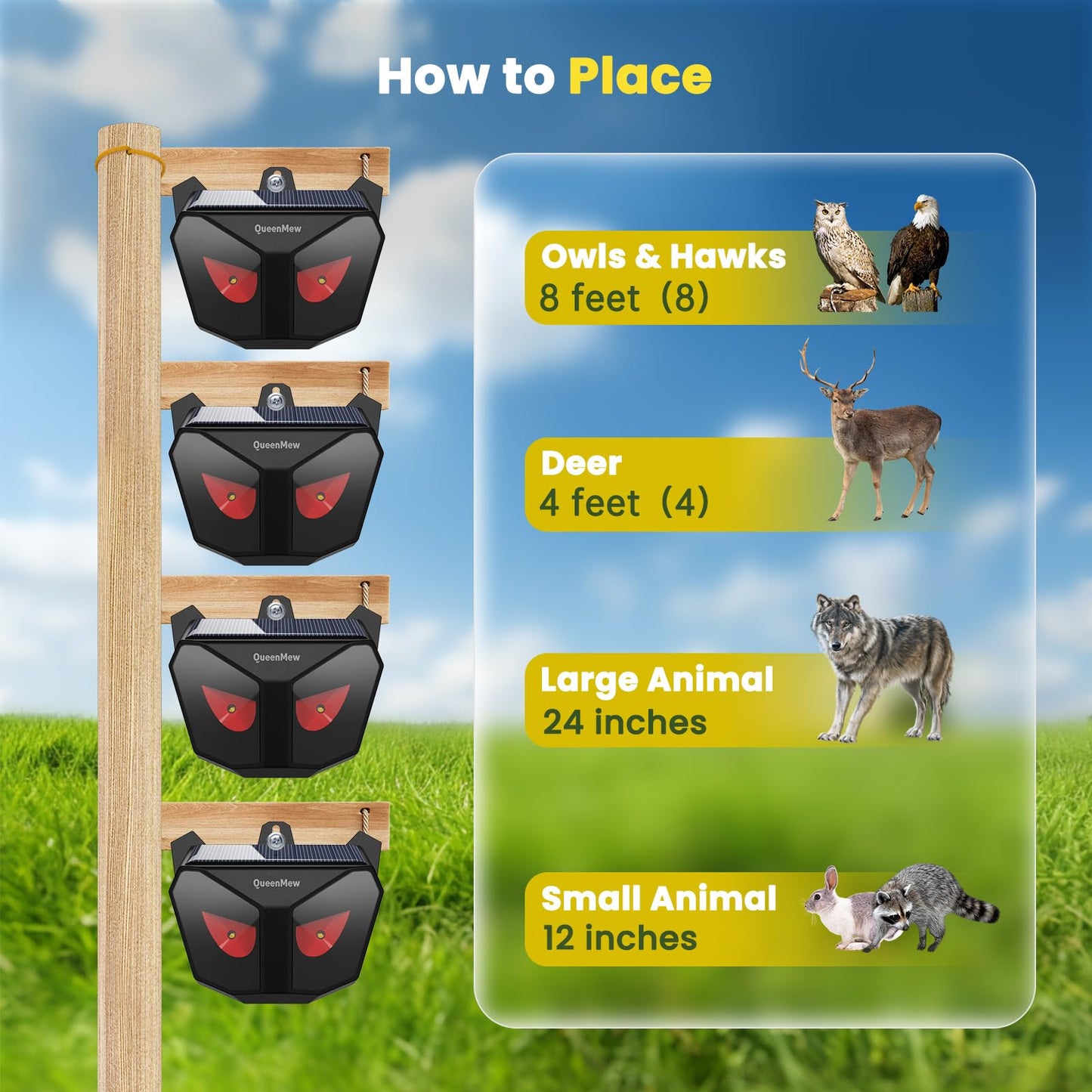 Solar Animal Repeller Outdoor 4 Packs, Nocturnal Animal Deterrent with Red LED Flashing Lights, Waterproof Wild Device for Chicken Coop, Cat, Skunk, Wolf, Deer, Coyote, Fox, Raccoon