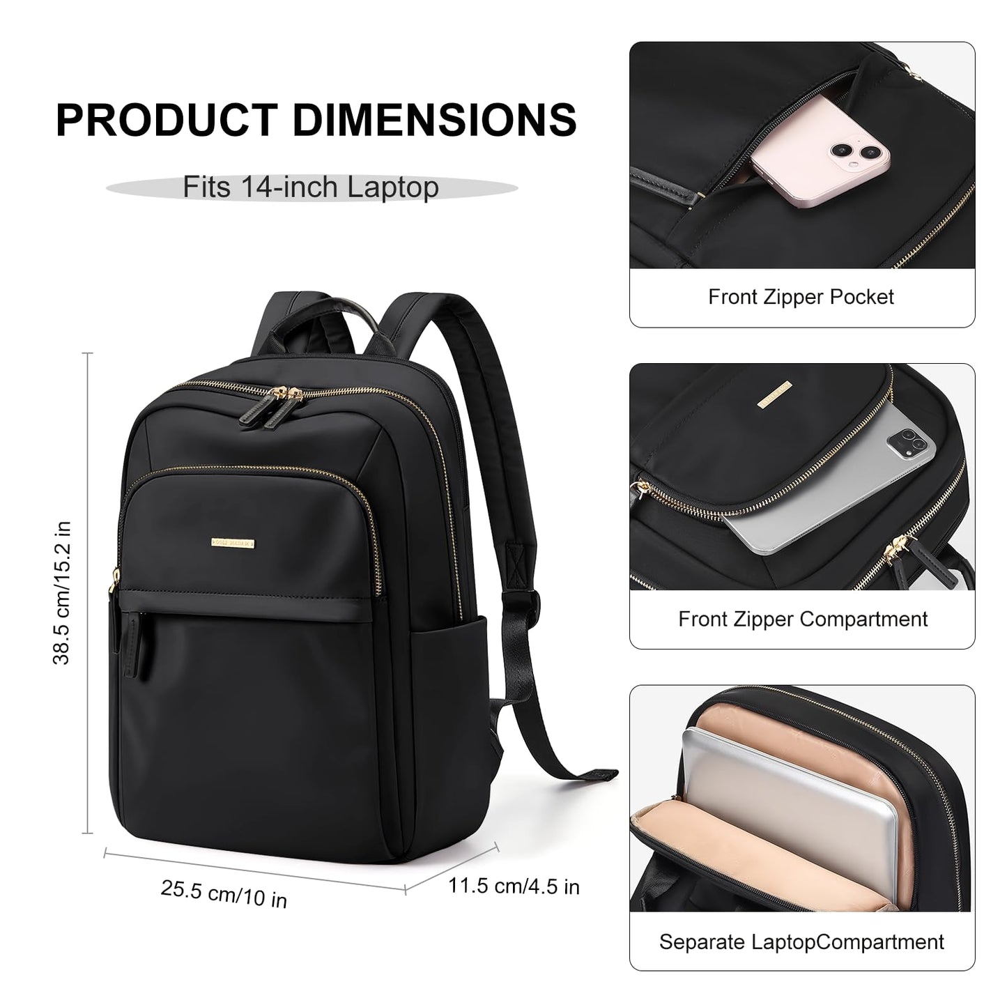 GOLF QUALITY Laptop Backpack for Women Travel Work Commute Casual Daypack Backpack Purse Computer Bags Fit 16Inch Notebook, Black