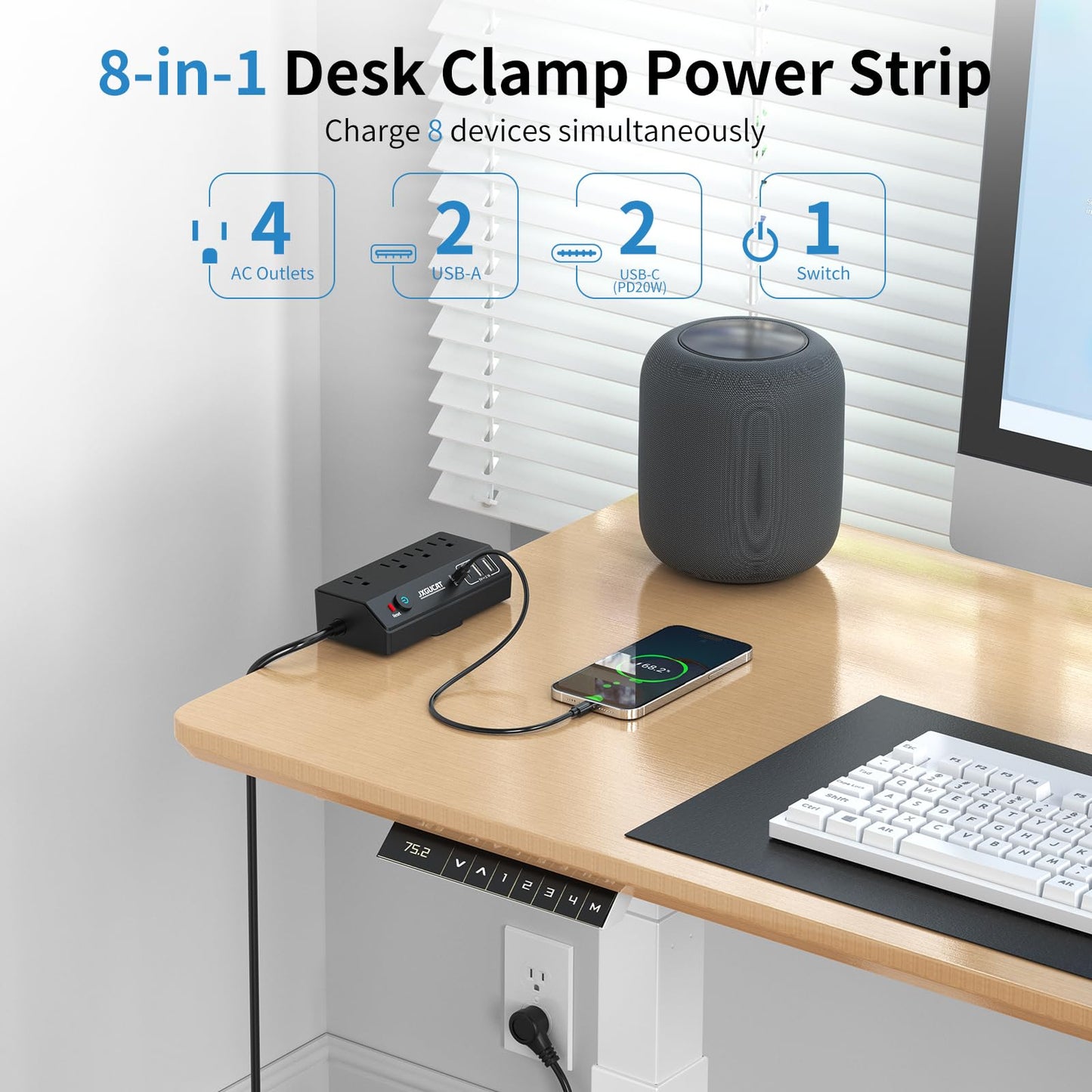 Desk Clamp Power Bar 10Ft with PD 20W USB C, JXGUCAT Black Removable Fast Charging Power Bars with Surge Protector, Extension Cord Power Bar with 4 Outlets 4 USB Ports, Fit 1.8" Tabletop Edge