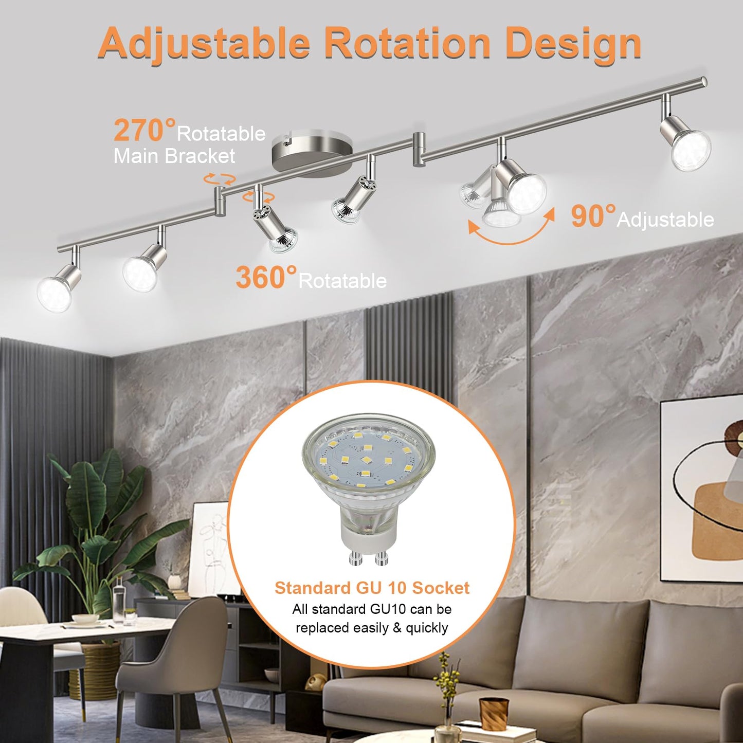 Unicozin 6 Light Track Lighting Kit, Matt Nickel LED Track Light with Flexibly Rotatable Light Head, Foldable Ceiling Spot Light Included LED GU10 Bulbs (4W, 400LM, Daylight White 5000K)