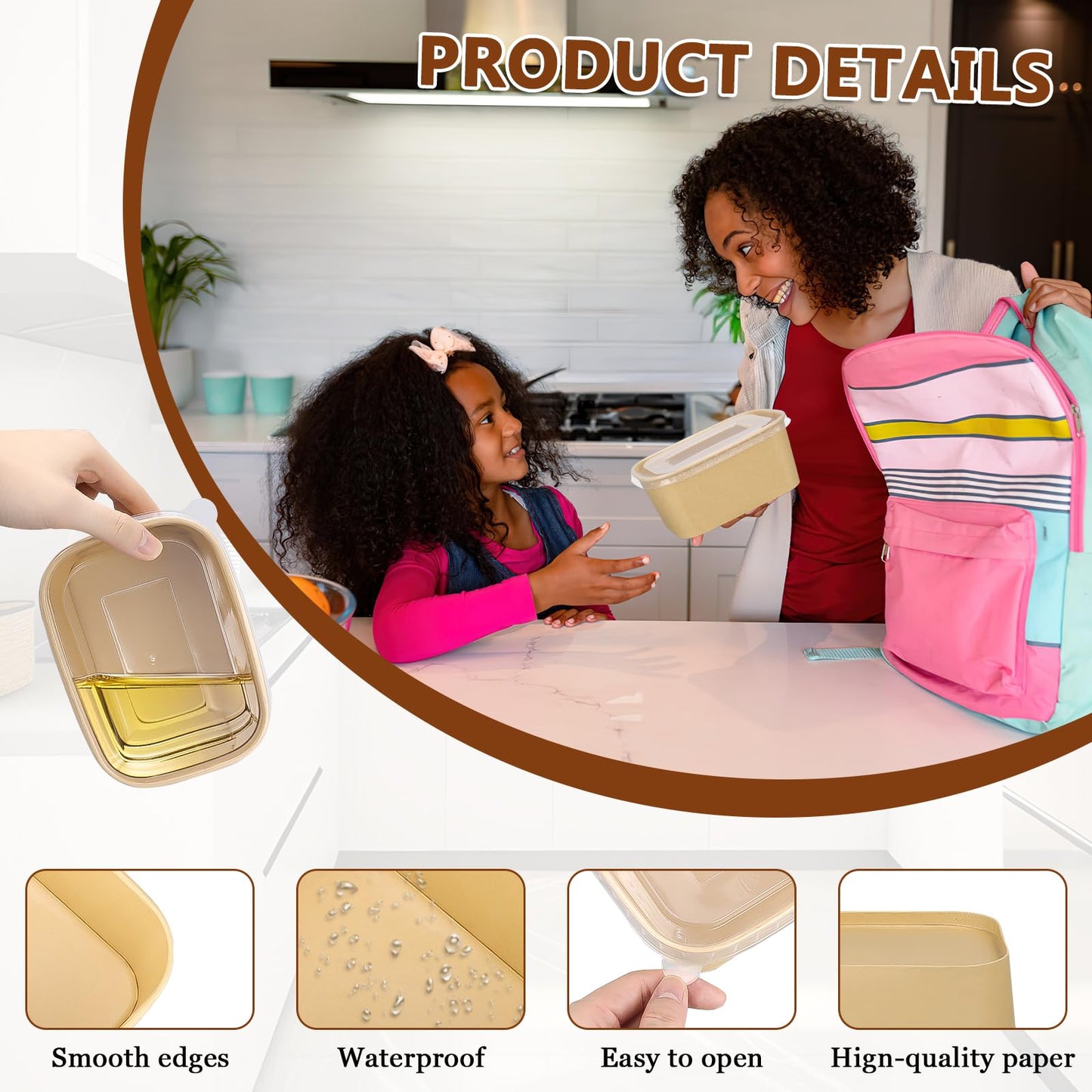 1000ml Disposable Paper Bowls with Lids, 50 Sets Large Kraft Paper Salad Bowls, Non-Spill Meal Prep Food Container for Restaurant Soup Noodle Hot Cold Takeout (33oz)
