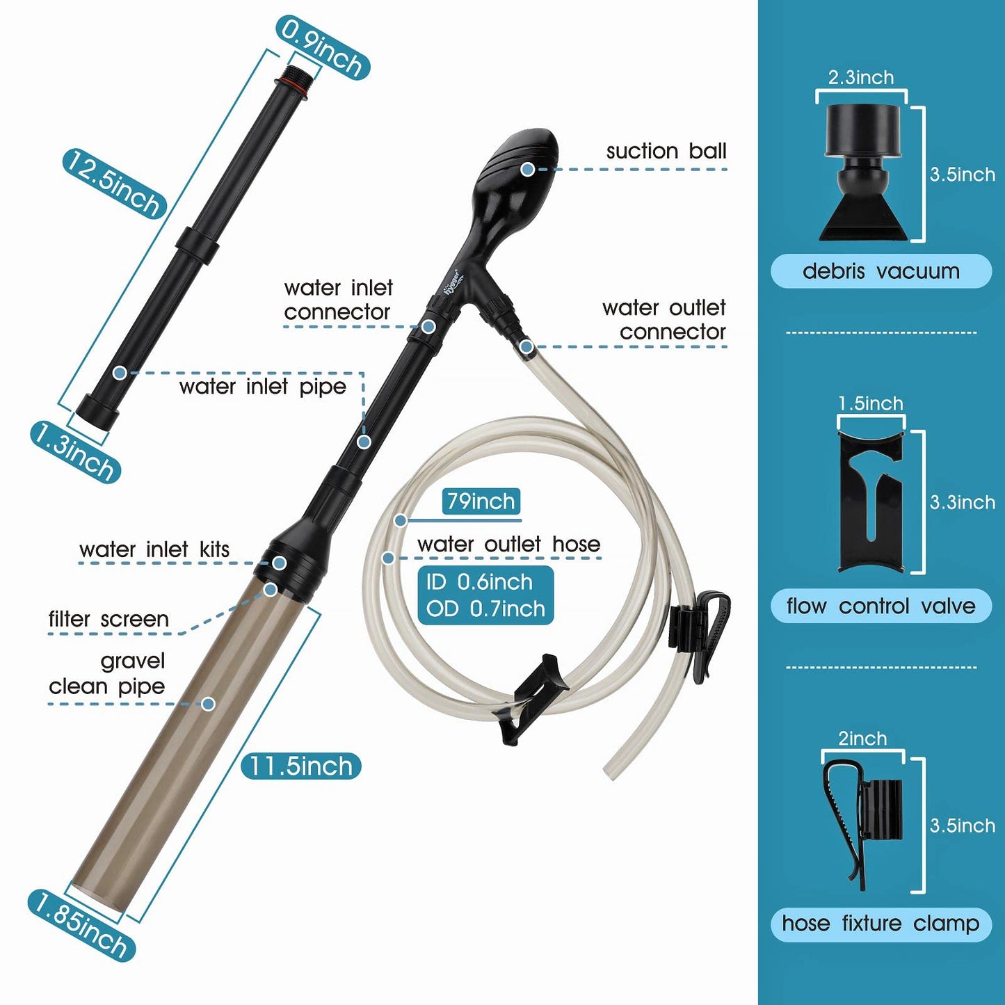 hygger Manual 256GPH Gravel Vacuum for Aquarium, Run in Seconds Aquarium Gravel Cleaner Low Water Level Water Changer Fish Tank Cleaner with Pinch or Grip Suction Ball Adjustable Length