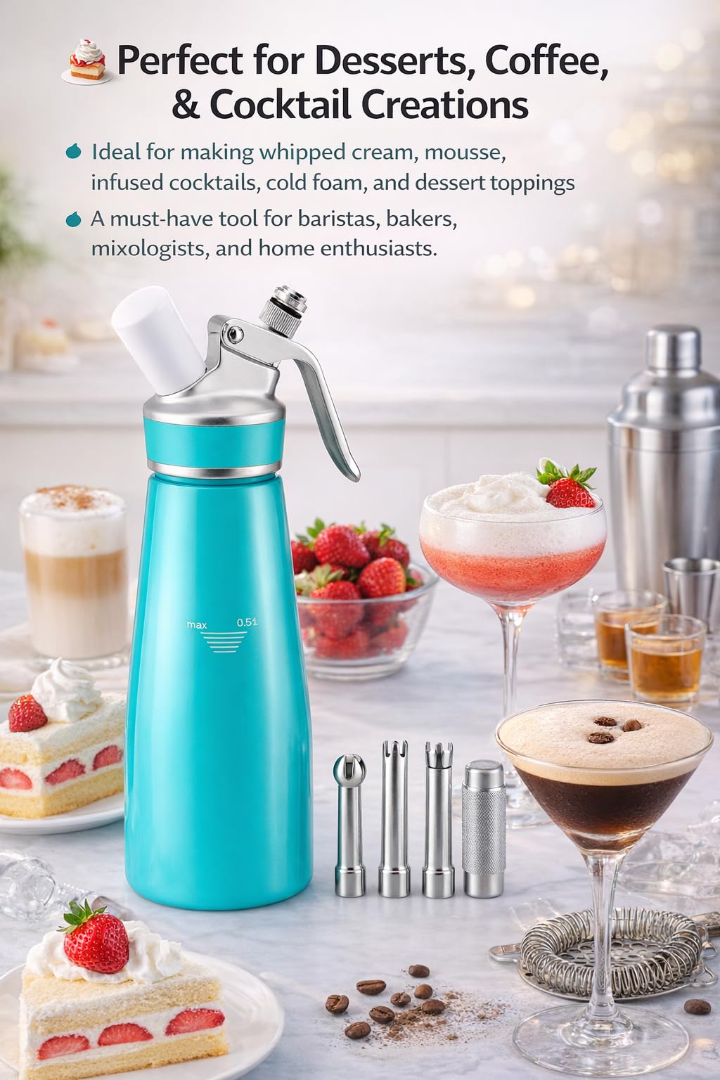 Professional Whipped Cream Dispenser – Ultra-Thick Aluminum Body & Stainless Steel Nozzle, 500ml/1000ml, Multiple Colors – Heavy Duty Cream Whipper for Desserts, Coffee, Cocktails–500ML-White