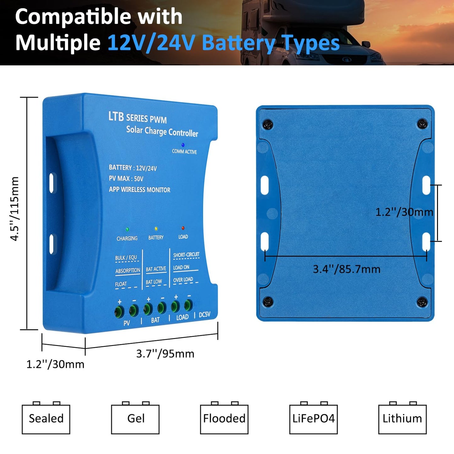 20A Bluetooth Solar Charge Controller 12V/24V Auto Matching Controller with APP Remote Monitor Intelligent PWM Solar Panel Regulator for Sealed, Gel, Flooded, LiFePO4, Lithium Batteries 7 Load Modes