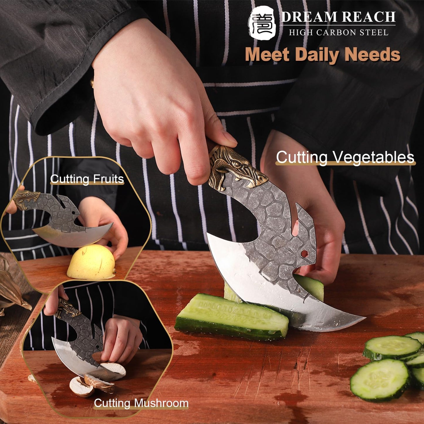 Dream Reach Viking Cleaver Knife Butcher Meat Cutting Boning Knife High Carbon Steel Kitchen Axe with Sheath Home Outdoor BBQ Camping Birthday Christmas Gift Men