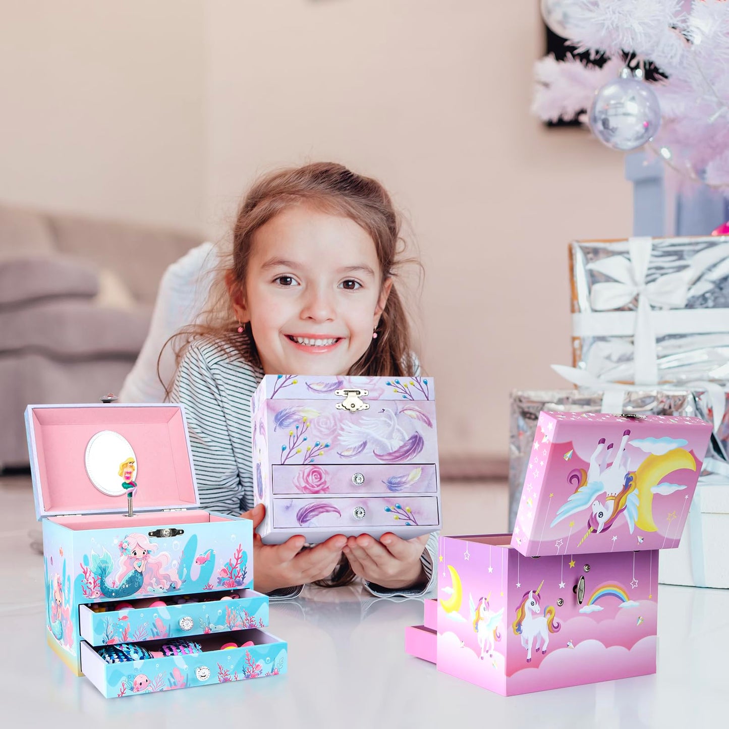 Homtibrm Musical Jewellery Box For Girls - Large Kids Jewellery Music Box with 2 Pullout Drawers & Unicorn Jewellery Set, Great Birthday Gifts for Girls Christmas Gifts (Pink Ballerina)
