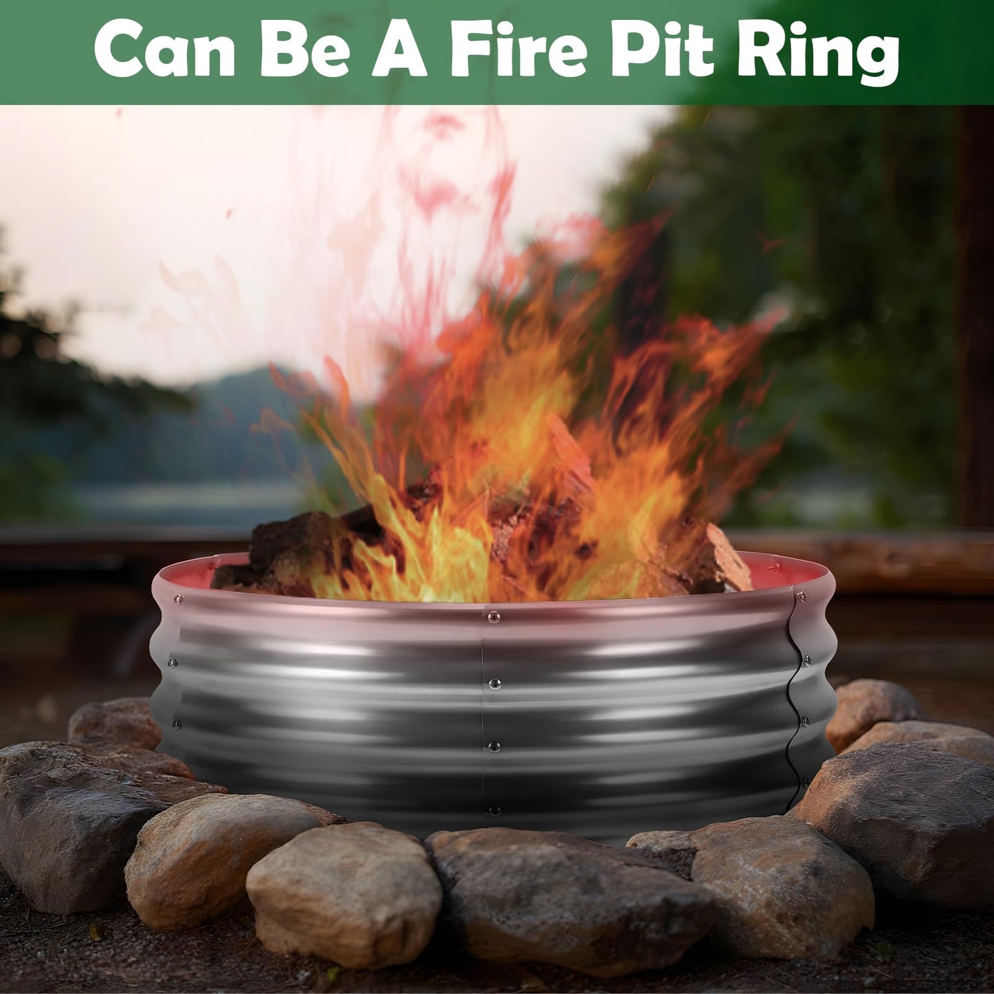 PINPON 3-Pack Galvanized Fire Pit Ring 2x2x1 ft, Round Heavy-Duty Metal Fire Ring for Outdoor Wood Burning, Rust-Resistant, Also Use as Raised Garden Bed for Vegetables Flowers
