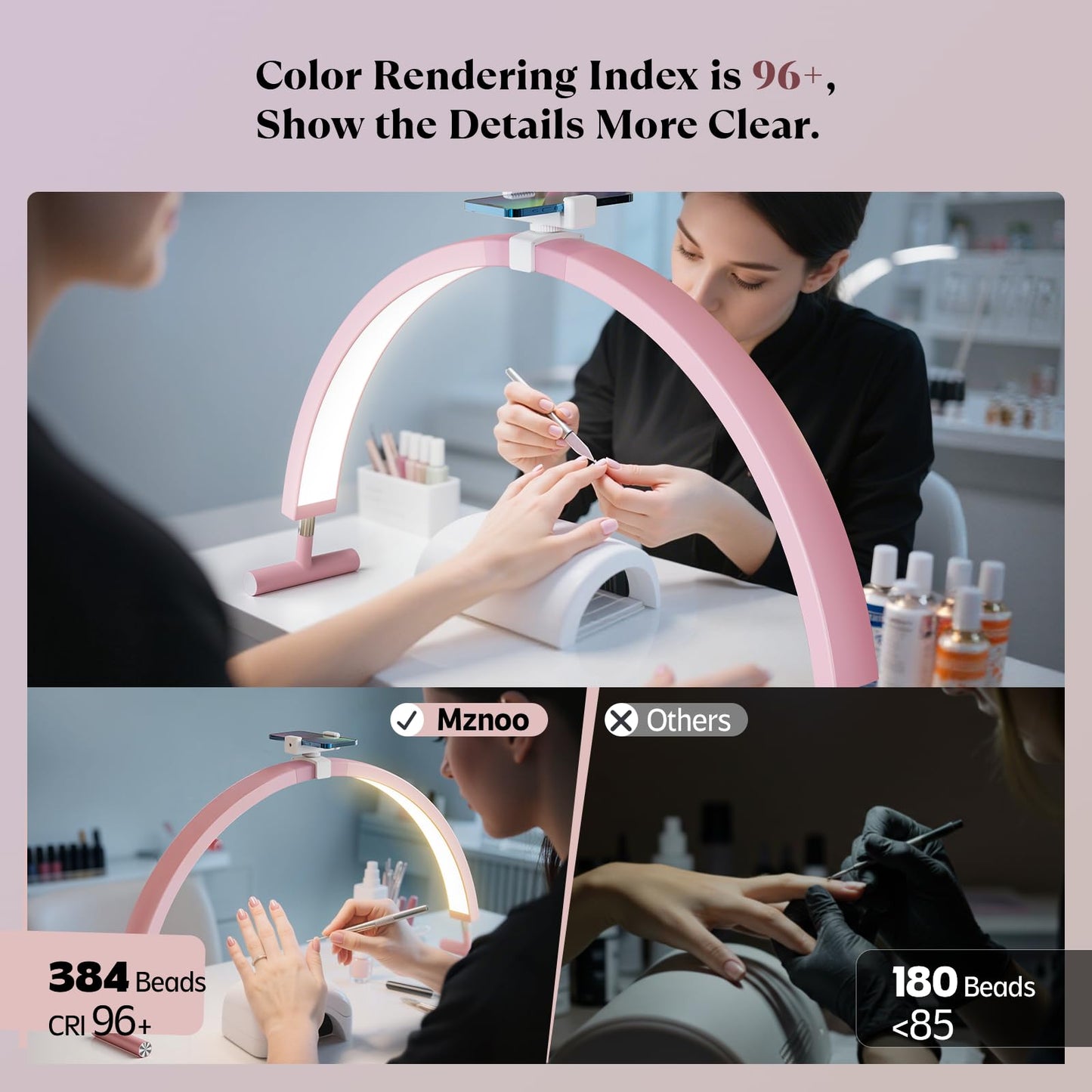 Mznoo Nail Light for Desk, 30in Large Half Moon Light with Phone Holder, 4000 Lumen Bright LED Moon Lamp for Nail Techs, Manicure and Handicraft, Adjustable Color Modes and Brightness (Pink)