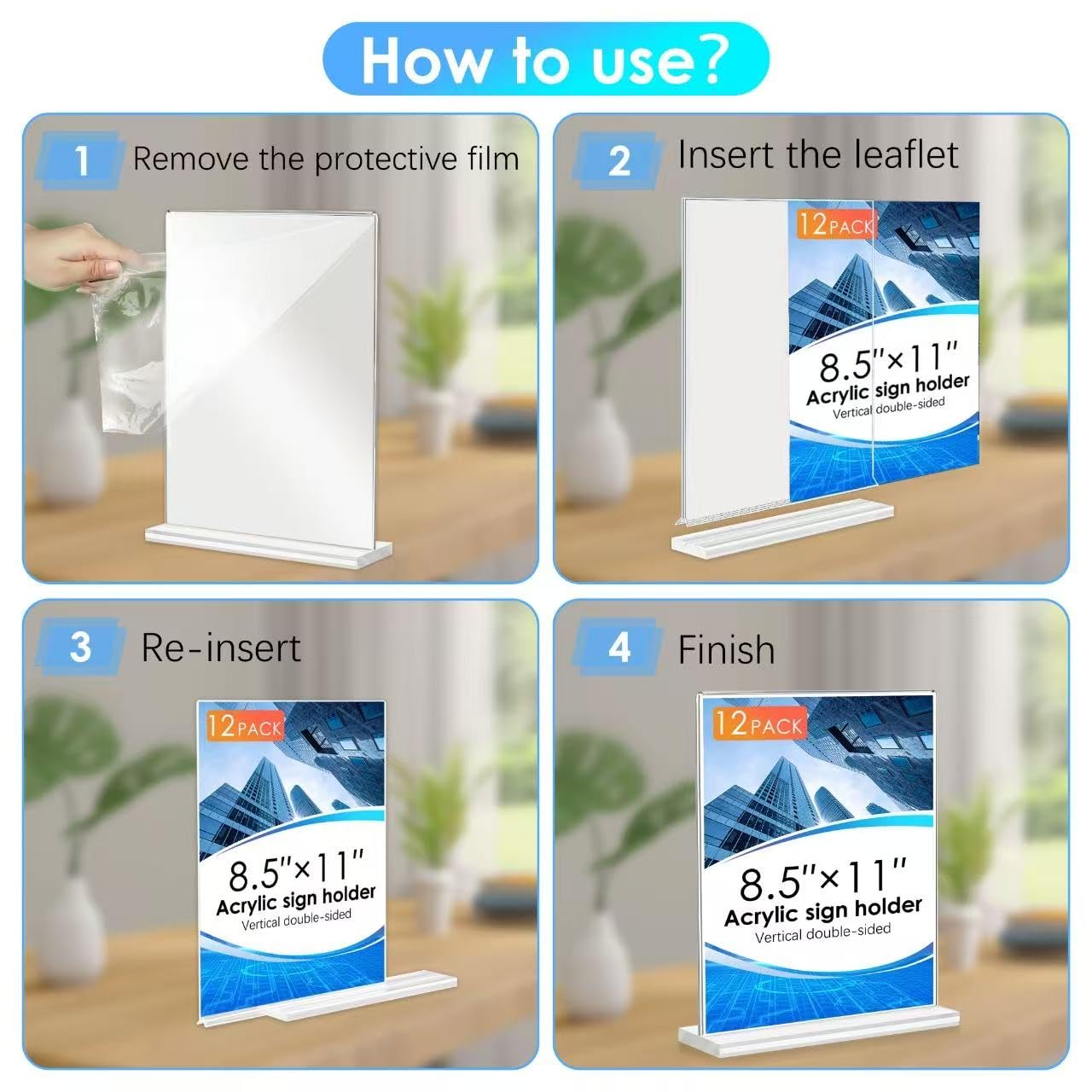 Acrylic Sign Holder 8.5 x 11 Vertical Clear Signs Display Stand Double-Sided Plastic Flyer Holder Stand for Restaurant Office School Store and Home (T Shape 12 Pack)