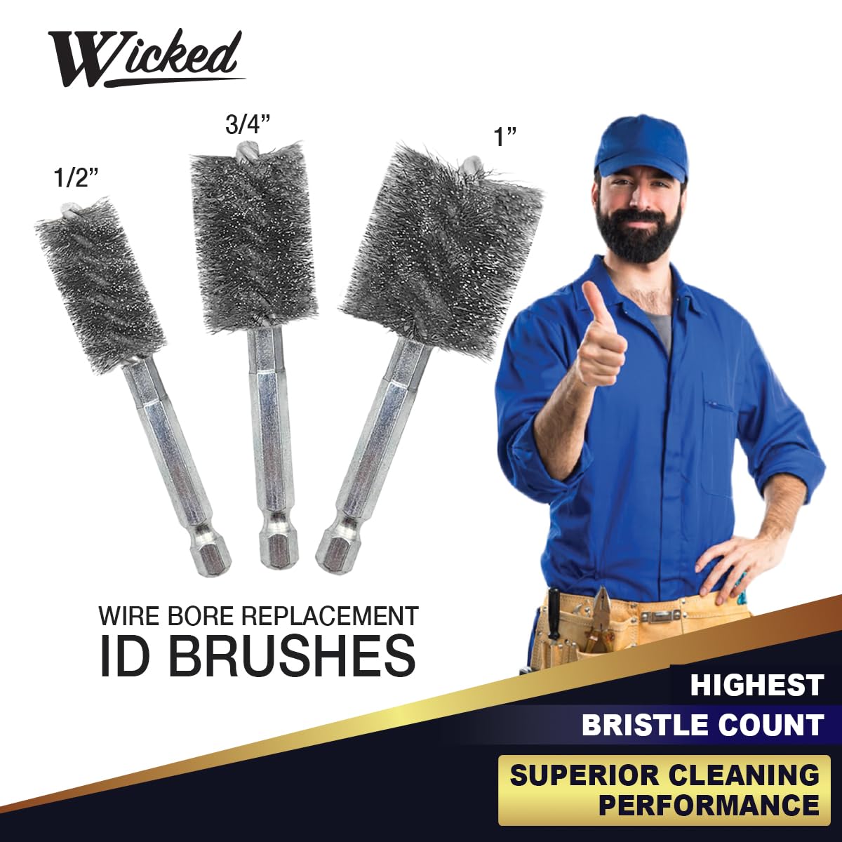 WICKED Professional ID Copper Tube Pipe Cleaner Replacement Brushes (1/2” & 3/4’’ & 1” (Multi-Pack))