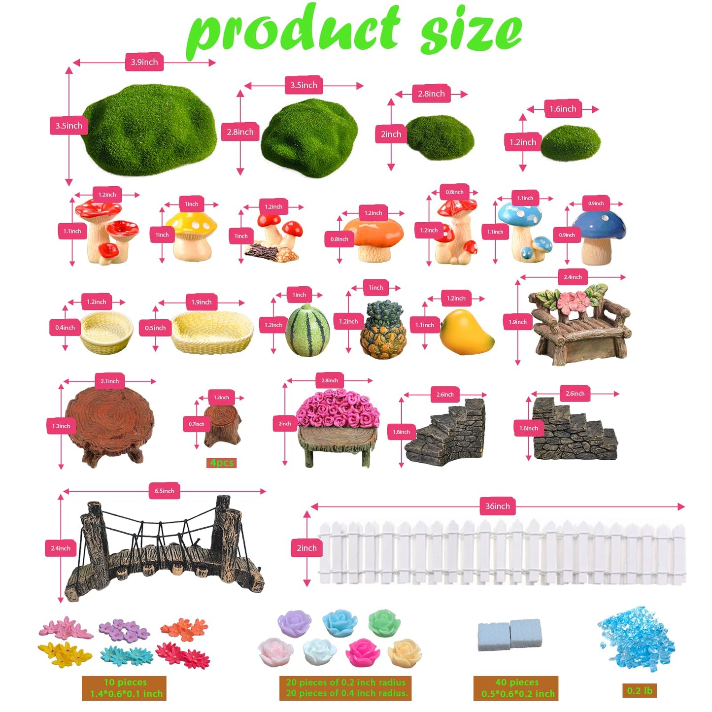 Kai Dream Fairy Garden Accessories, Fairy Garden Kit, 118 Pieces of Miniature Decor: Mushrooms, Bridge, Steps, Moss, Furniture Figurines, Fake Fence, Flowers, and Blue Crystal Gravel