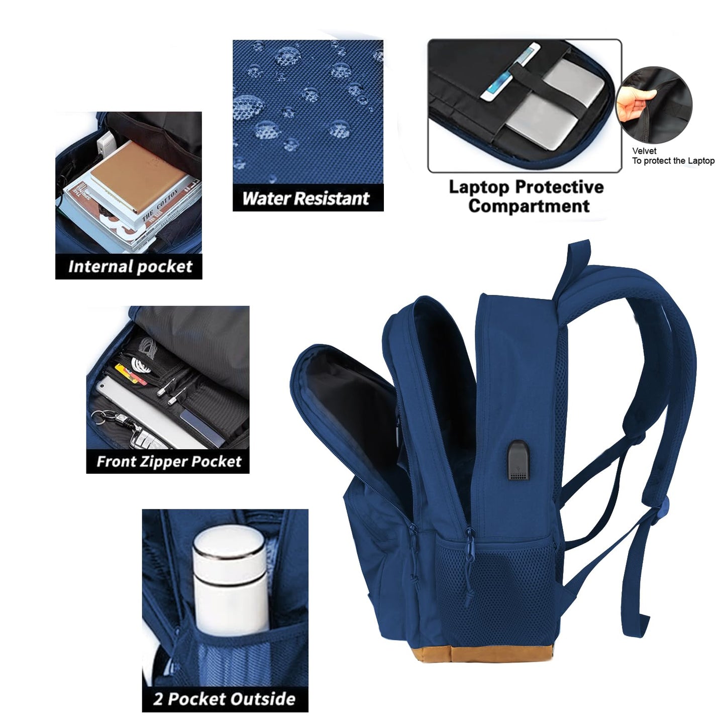 KEOFID Classic Travel Backpack for Men and Women, Anti Theft Laptop Backpack with USB Charging port, Large Bag for College(Blue and Brown, 19 Inches)