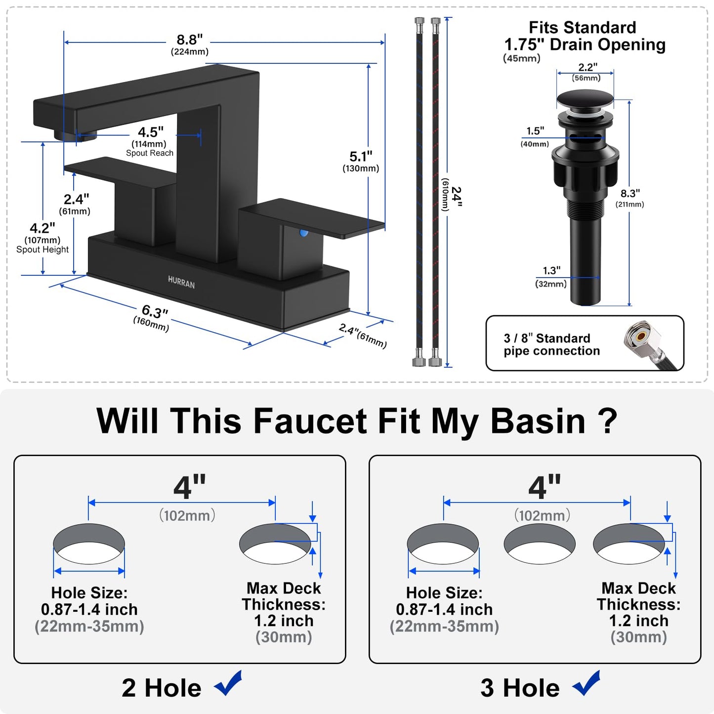 Matte Black Bathroom Sink Faucet, Hurran 4 inch Bathroom Faucets for Sink 3 Hole with Pop-up Drain and Supply Lines, Stainless Steel 2-Handle Faucet for Vanity RV Restroom