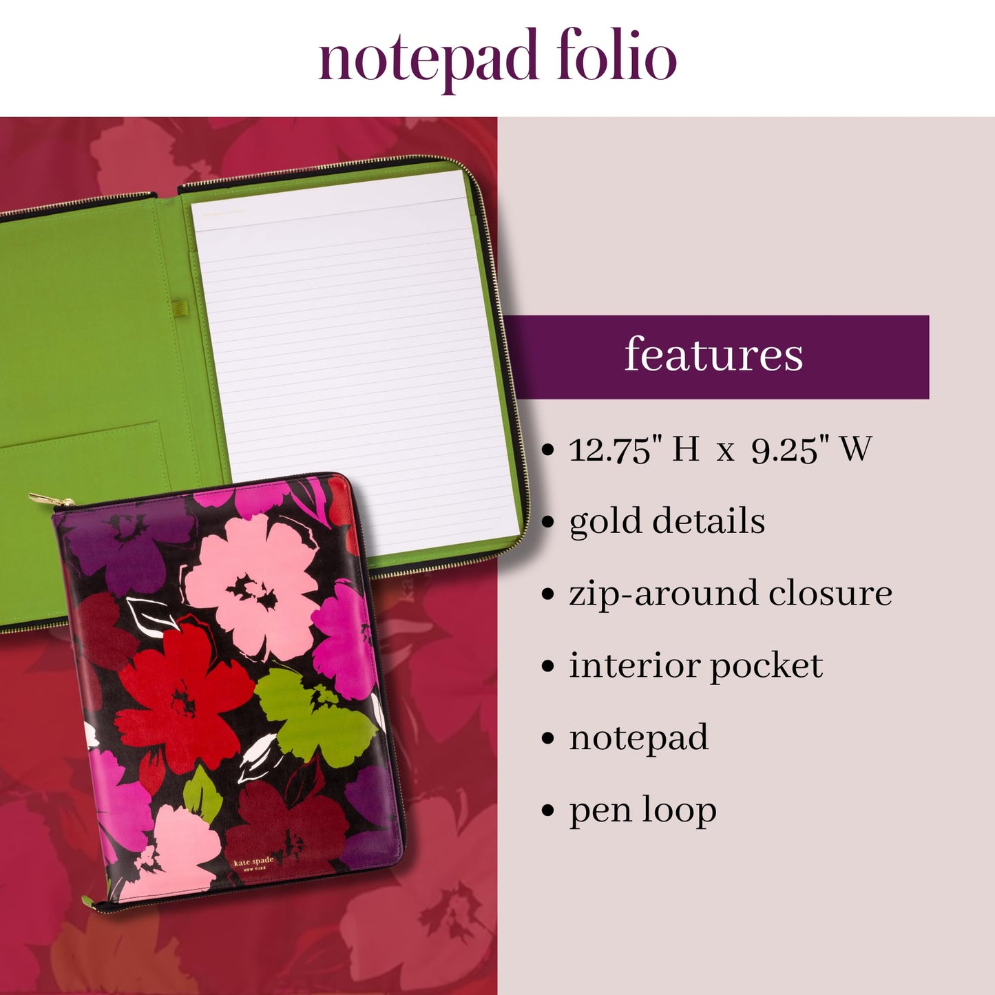 Kate Spade New York 13.25" x 9.5" Faux Leather Notepad Zip Folio with Interior Pocket, Legal Pad, Gold Zipper Close, and Pen Loop, Painterly Blooms