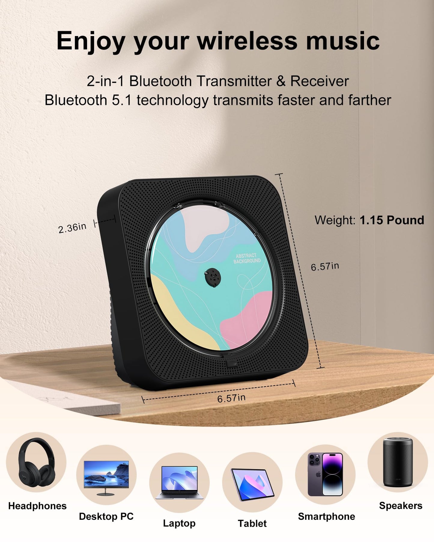 CD Player Portable with Bluetooth 5.1Desktop CD Player with HiFi Sound Speakers,Remote Control,Dust Cover,LED Display,Boombox FM Radio,USB/AUX for Home,Gift,Kids(Black)