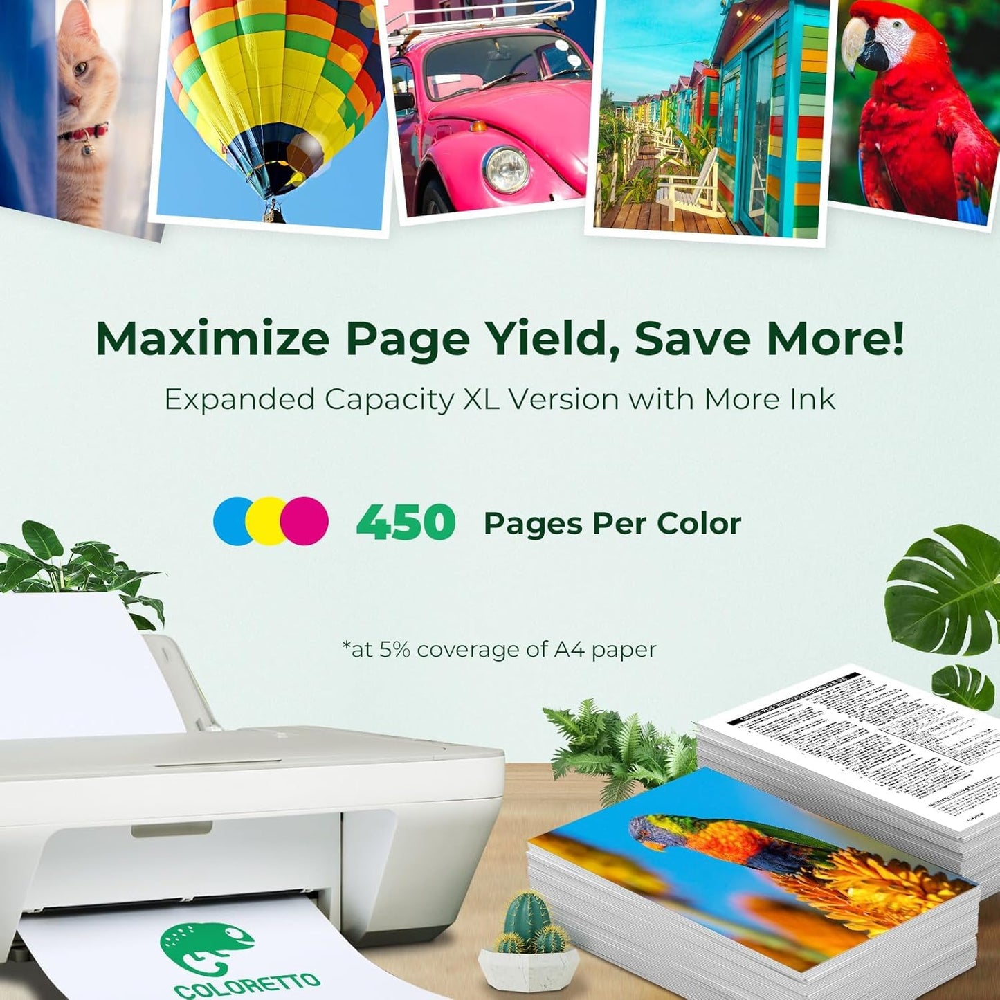 COLORETTO 65XL Ink Cartridges for HP Envy 5055 Ink 5052 5010 5000 DeskJet 3755 3772 3752 3722 3720 3700 2655 2652 2624 2630 2675 2600 AMP125 Printer Remanufactured hp 65 XL 1Black 1Color 2-Pack